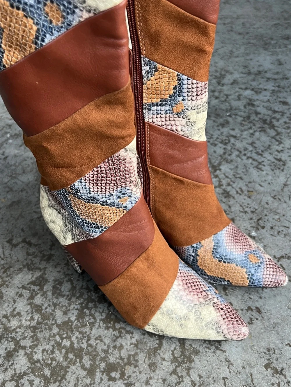 Knee High Patchwork Snake Print Brown Faux Leather Heeled Boots Women’s 7.5